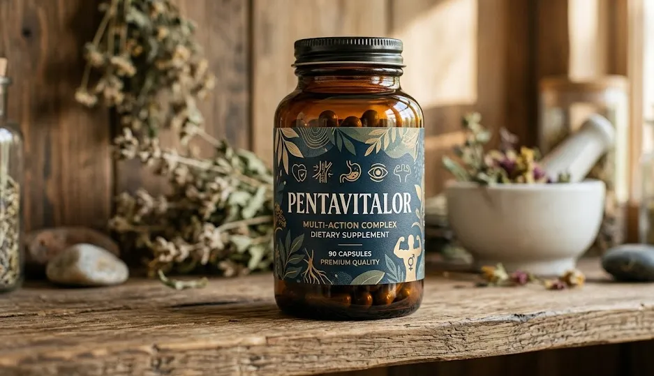 Pentavitalor supplement packaging on a bright neutral surface